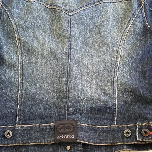 Vtg Ecko Red Jacket Women 14 Denim Faux Fur Hood No Pockets Lined Y2K Runs Small - Picture 14 of 16